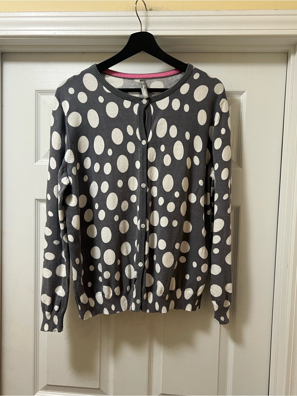 Hanna Andersson Charcoal Gray Cardigan with White Polka Dots